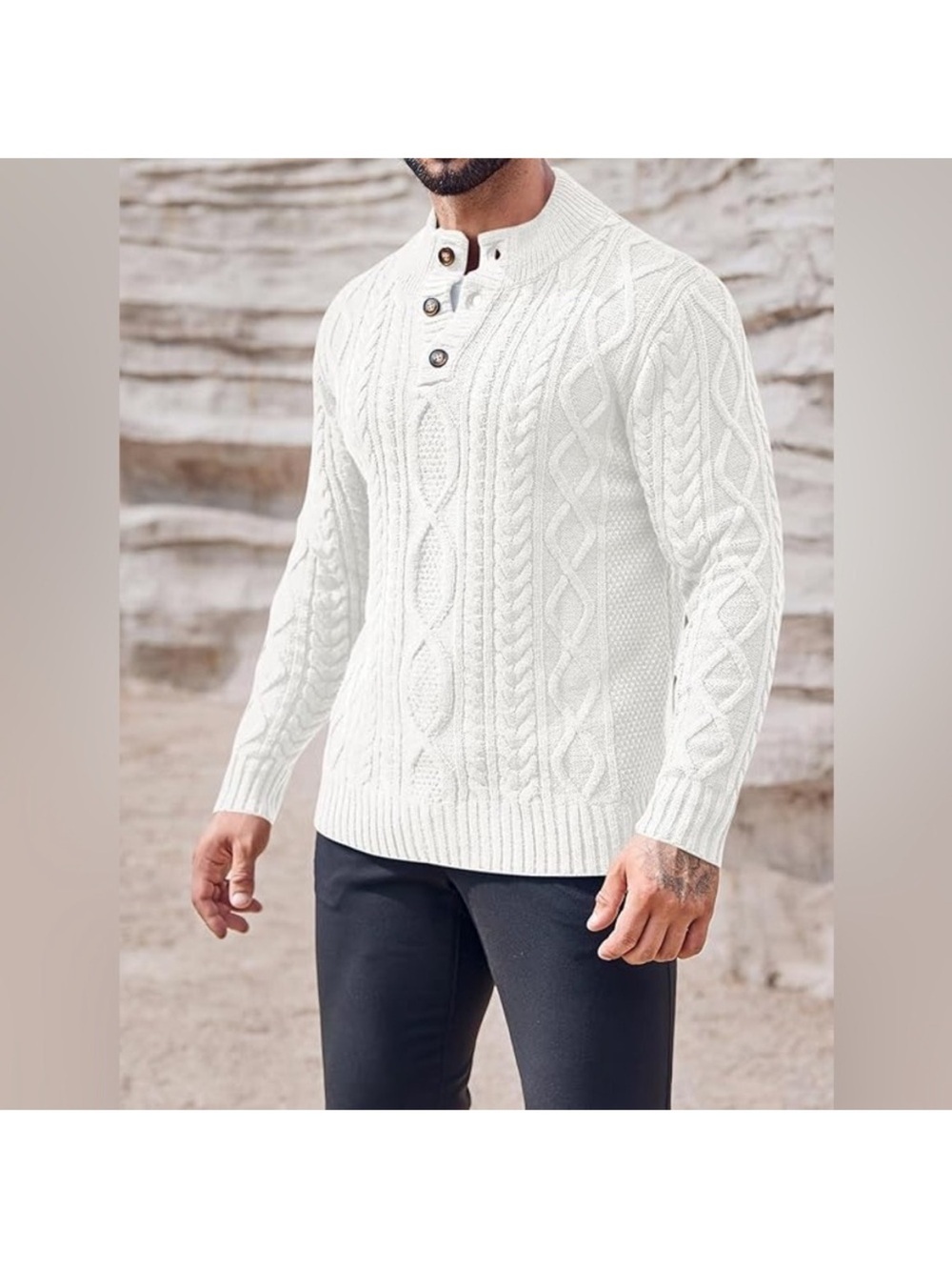 Tilley Men's White Cable Knit Sweater Preppy Spring Minimalist Large 100% Cotton